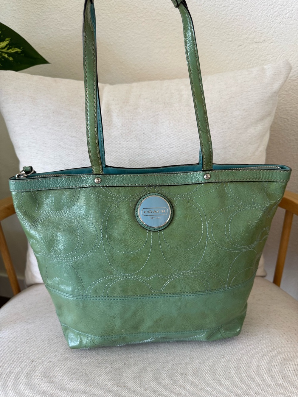 Coach Y2K Sage Green Glossy Patent Leather Tote Shoulder HandBag Purse #F15142